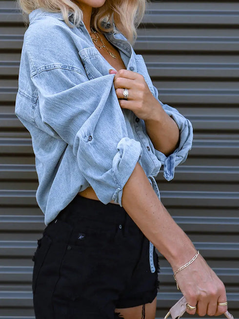 'Jovie' Cropped Denim Roll Up T-Shirt - Celes Fashion